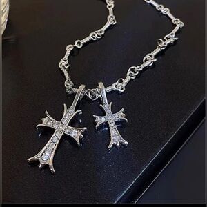 Silver Plated Gothic Double Cross Pendant Faux Barbed Wire Chain w/ Zircon Inlay